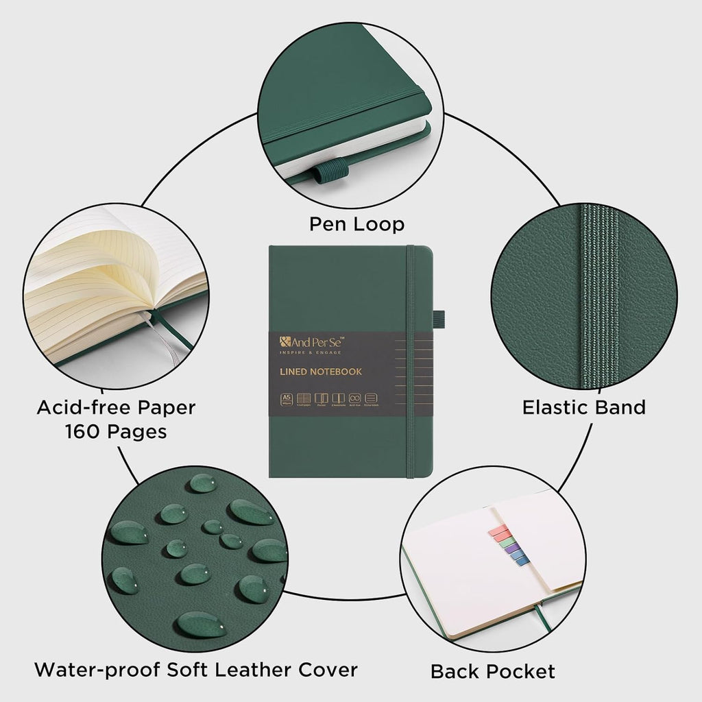 &And Per Se Lined Journal Notebook (10 Packs), 160 Pages, A5 5.7 x 8 inches College Ruled Thick Paper Notebook Journals for Writing, Hardcover Notebooks for Women Men Office School (Green)