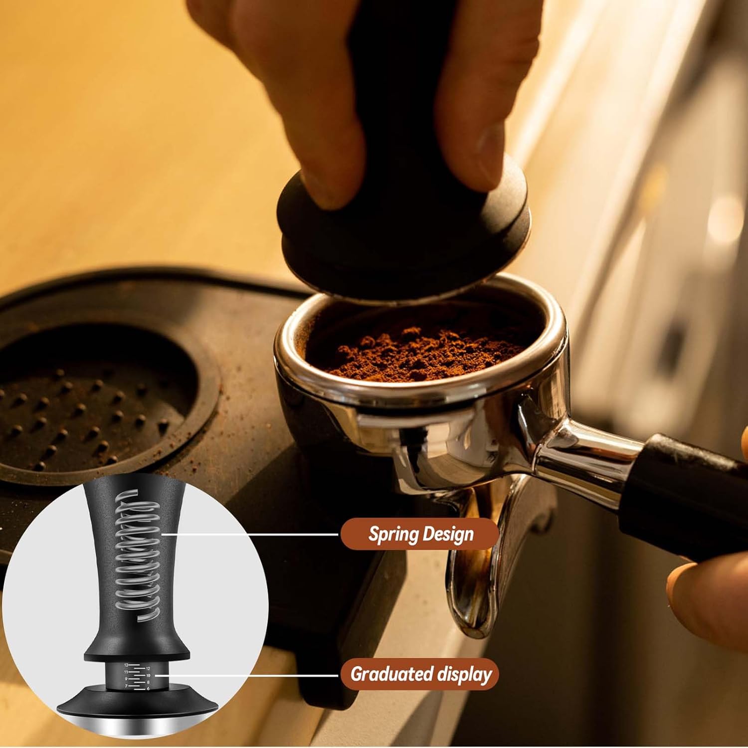 58mm Espresso Tamper, Espresso Accessories, Coffee Tamper with Espresso Distribution Tool, Wdt Tool Espresso, Espresso Tamper with Silicone Mat, Stainless Steel Base Tamper for Espresso Coffee Machine