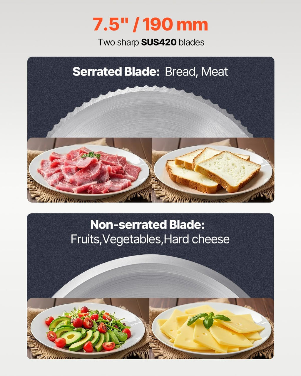 VEVOR Meat Slicer, 7.5 inch Electric Deli Food Slicer with two Premium SUS420 Blades, 0-0.6 inch Adjustable Thickness, 180W Food Slicer Machine for Meat, Hard Bread and Cheese, Home Use