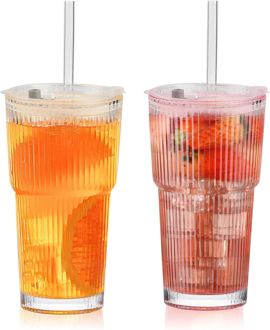 20oz Ribbed Glass Cups with Lids and Straws, Vintage Glass Tumbler with Straw, 2 Piece Iced Coffee Cups Set, Thicked Wall Drinking Glasses Ideal for Coffee, Smoothies, Juices Matchas