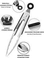 Anaeat 3 Pack 7" Mini Stainless Steel Cooking Tongs - Sturdy Coiled Spring Locking Kitchen Food Tong with Non-Slip Silicone Grip for Serving, Cooking, Baking - Heat Resistant up to 480°F (Black)