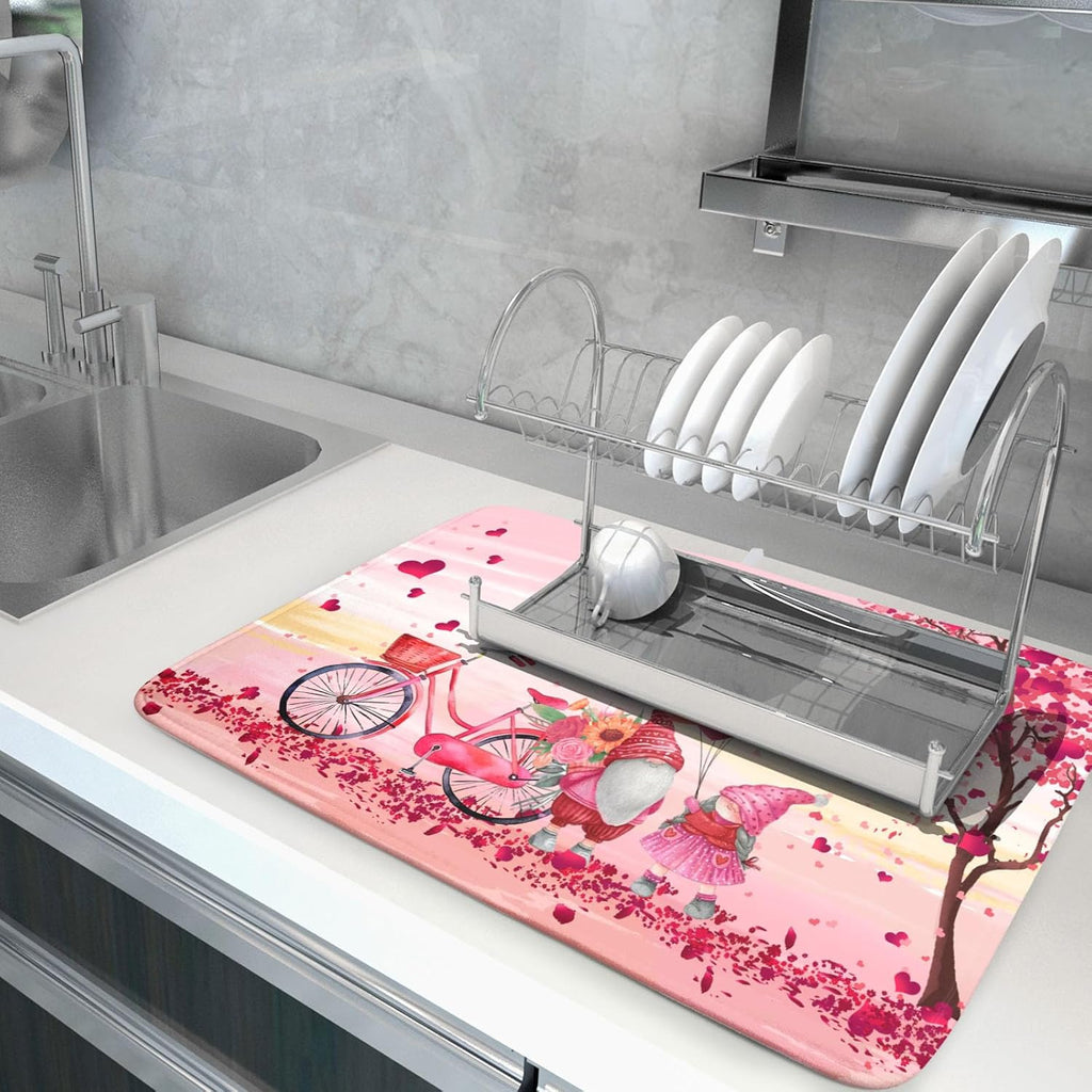 Pink Heart Valentine's Day Gnomes Dish Drying Mat for Kitchen Counter,Pink Bicycle Love Tree Drying Mat 18 x 24 Inch with Absorbent Reversible Microfiber Dish Drying Pad Dish Rack Pad for Coffee Bar