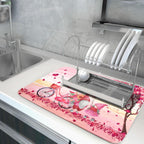 Pink Heart Valentine's Day Gnomes Dish Drying Mat for Kitchen Counter,Pink Bicycle Love Tree Drying Mat 18 x 24 Inch with Absorbent Reversible Microfiber Dish Drying Pad Dish Rack Pad for Coffee Bar