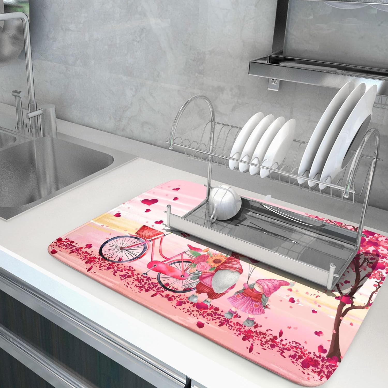Pink Heart Valentine's Day Gnomes Dish Drying Mat for Kitchen Counter,Pink Bicycle Love Tree Drying Mat 18 x 24 Inch with Absorbent Reversible Microfiber Dish Drying Pad Dish Rack Pad for Coffee Bar