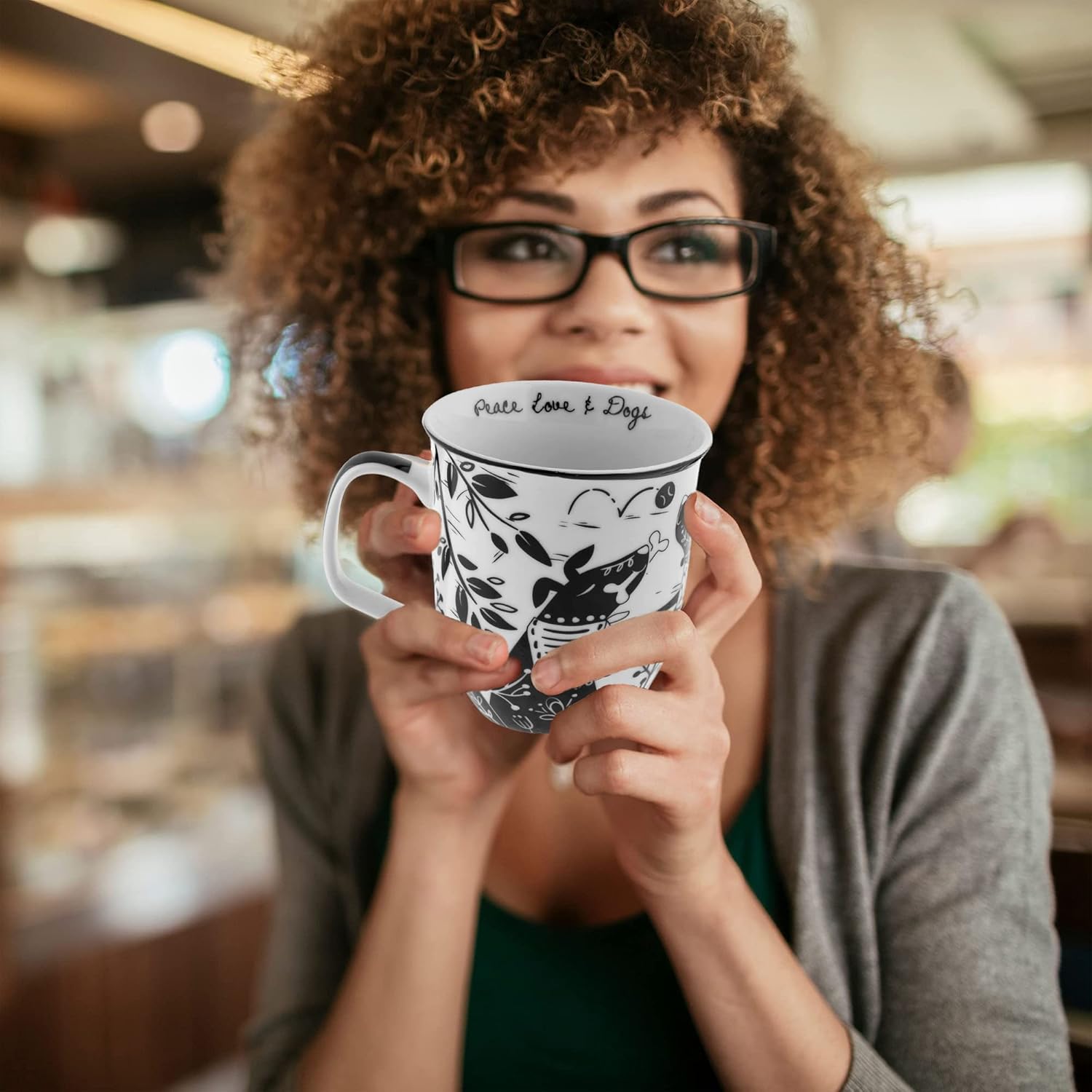 Karma Gifts 16 oz Black and White Boho Mug Dog - Cute Coffee and Tea Mug - Ceramic Coffee Mugs for Women and Men