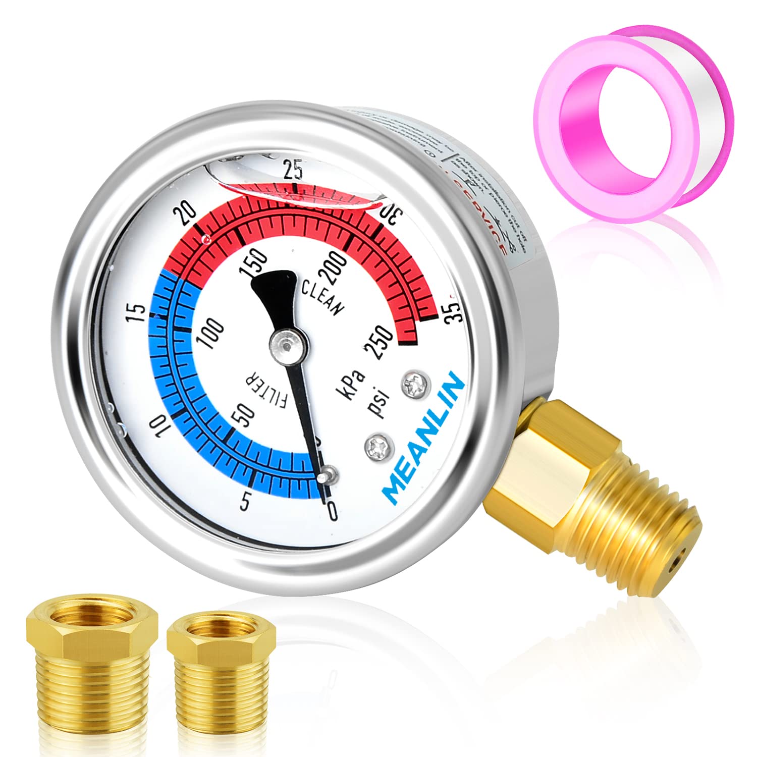 MEANLIN MEASURE 1/4" NPT 0-35psi Pressure Gauge, 2" Dial Glycerine Filled Pool Filter, 304 Stainless Steel Housing, Lower Mount, with 1/2" NPT and 3/8" NPT Hex Bushing