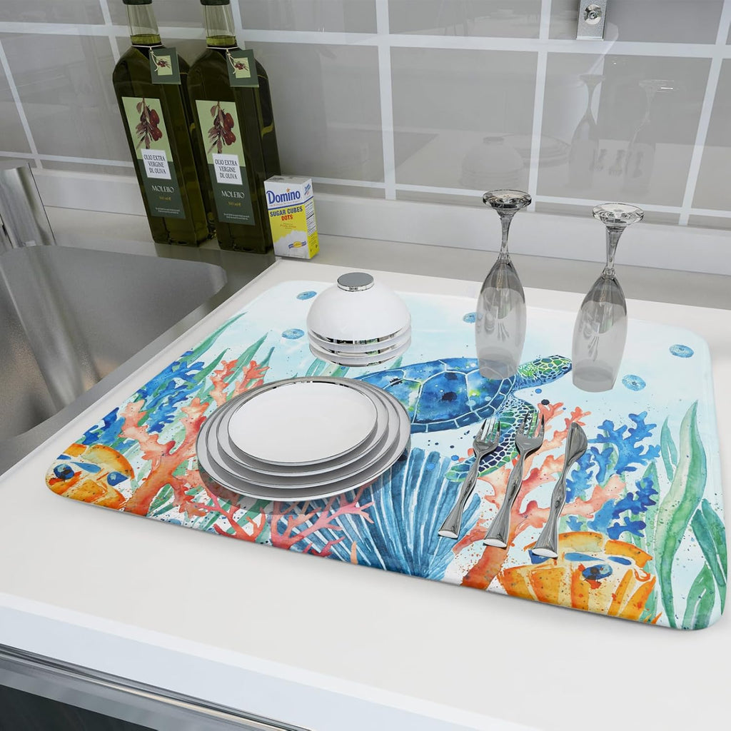 Giwawa Sea Turtle Dish Drying Mat 18x24in Watercolor Blue Tortoise Dish Drainer Mats Nautical Ocean Coral Seashell Seaweed Microfiber Dish Drying Pad for Kitchen Countertop Large Decor