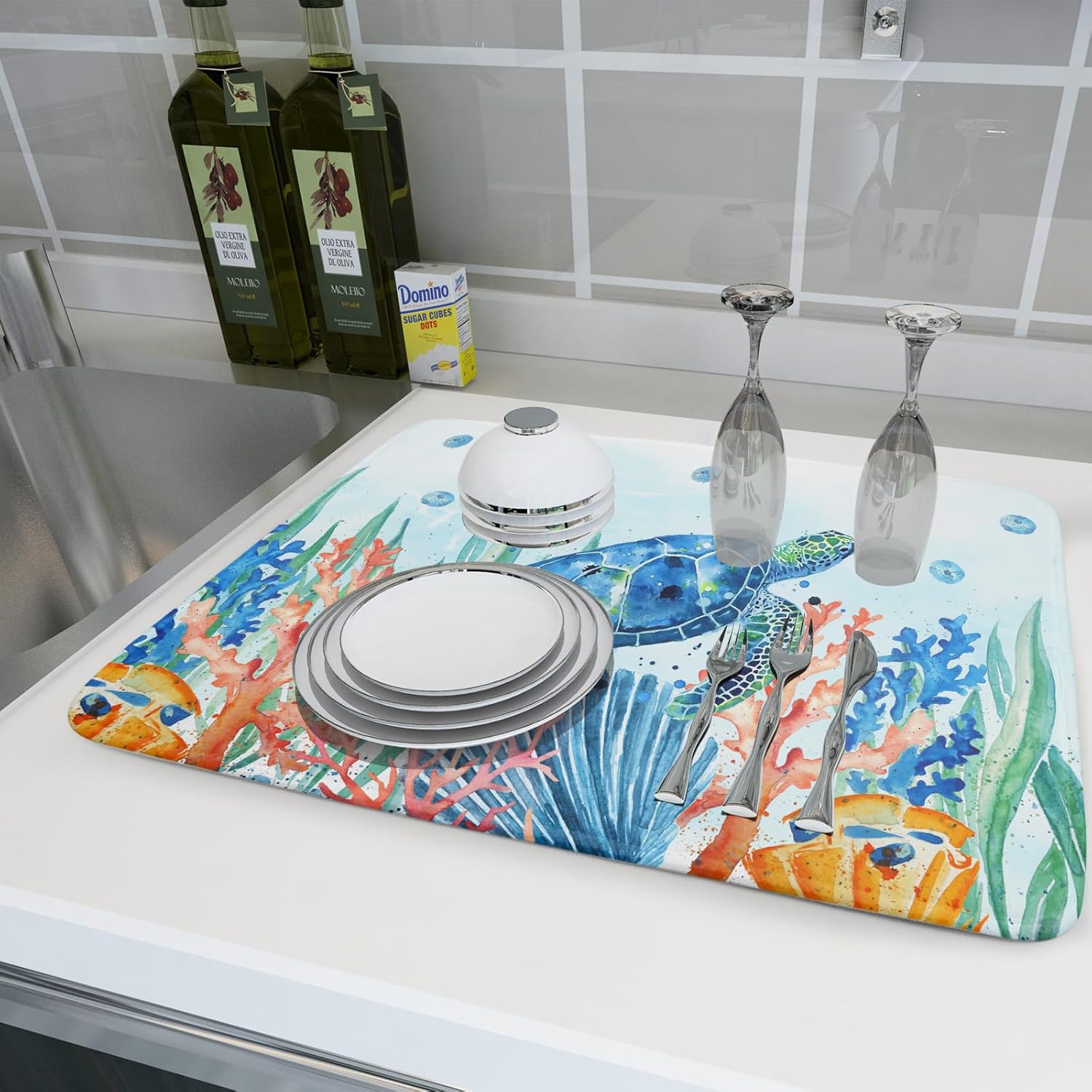 Giwawa Sea Turtle Dish Drying Mat 18x24in Watercolor Blue Tortoise Dish Drainer Mats Nautical Ocean Coral Seashell Seaweed Microfiber Dish Drying Pad for Kitchen Countertop Large Decor