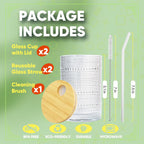 15 Oz Glass Cups with Lids and Straws, Vintage Embossed Glassware for Whiskey Cocktail Beer, Iced Coffee Cup with Lid (2 PACK)