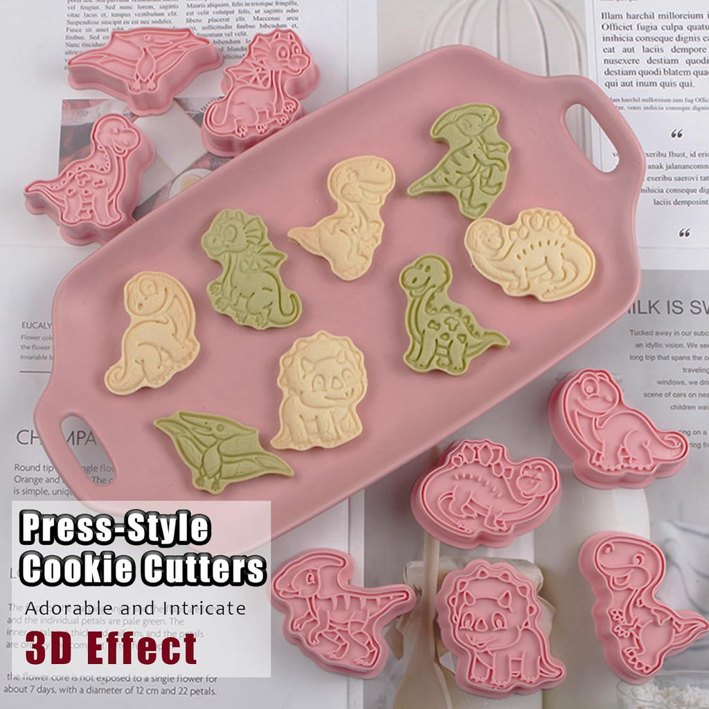 8 Pcs Dinosaur Cookie Cutters Set Baking Molds 3D Dinosaur Press type Cookie Cutter for Baking, Fondant, Cheese, and Pastries