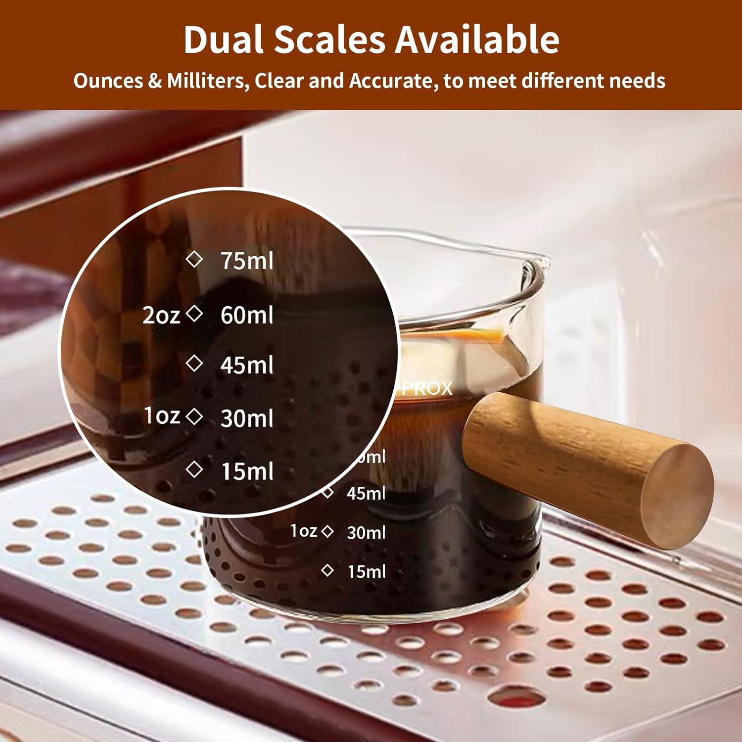 YARRAMATE 3oz Espresso Cups with Wood Handle (2 pack), Clear Glass Espresso Accessories, Double Spout Glass Measuring Cup with Dual Scale, Espresso Shot with V-Shaped Spout