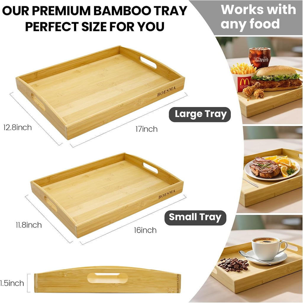 Set of 2 Bamboo Serving Tray with Handles, Decorative Wooden Tray for Breakfast, Dinner, Coffee Table - Portable Bamboo Tray for Ottoman, Kitchen, Living Room Bedroom, Outdoor Scenarios and More