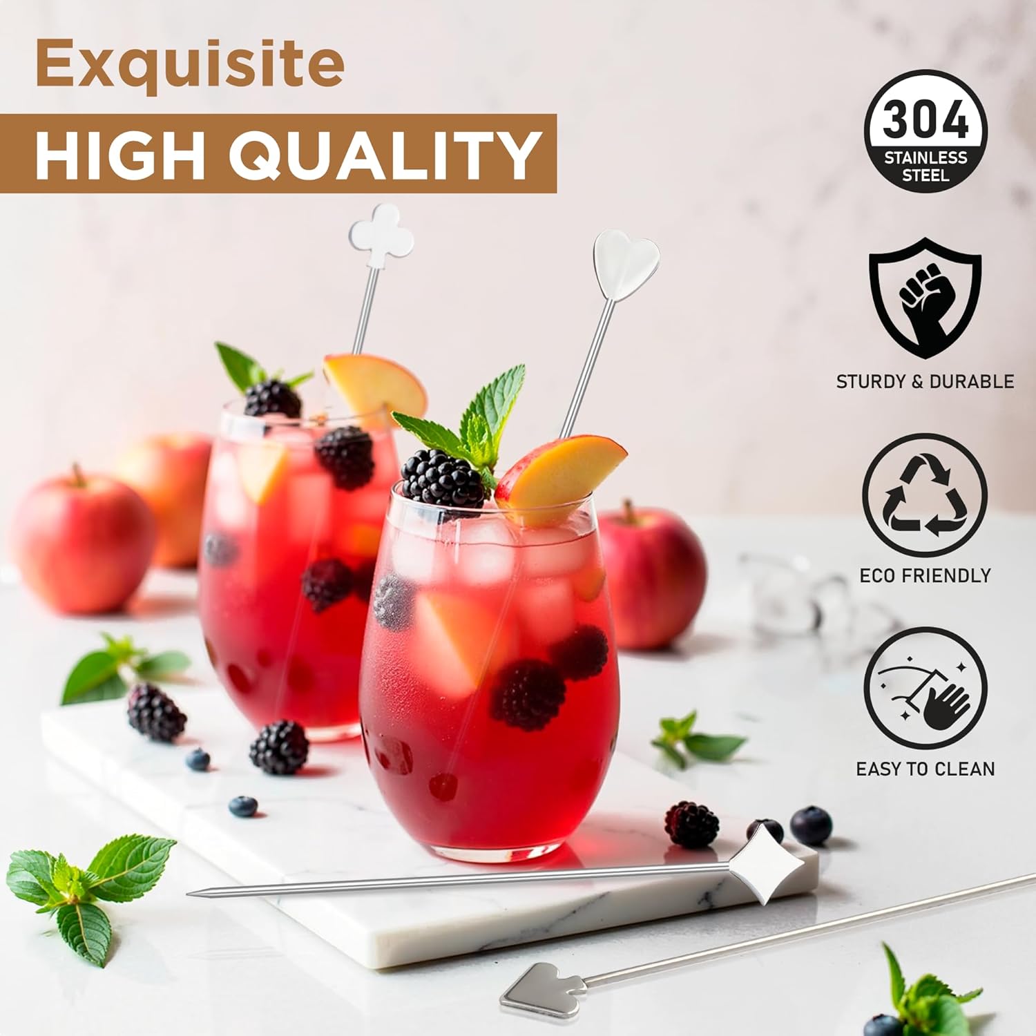 Demigo Long Cocktail Picks 7.5 inches, 8pcs New Styles Stainless Steel, Reusable Olive Stuffers Martini Pick set Fruit Toothpick Garnish Skewers Appetizer Drink Stick for Bar Party, Barbeque Snack