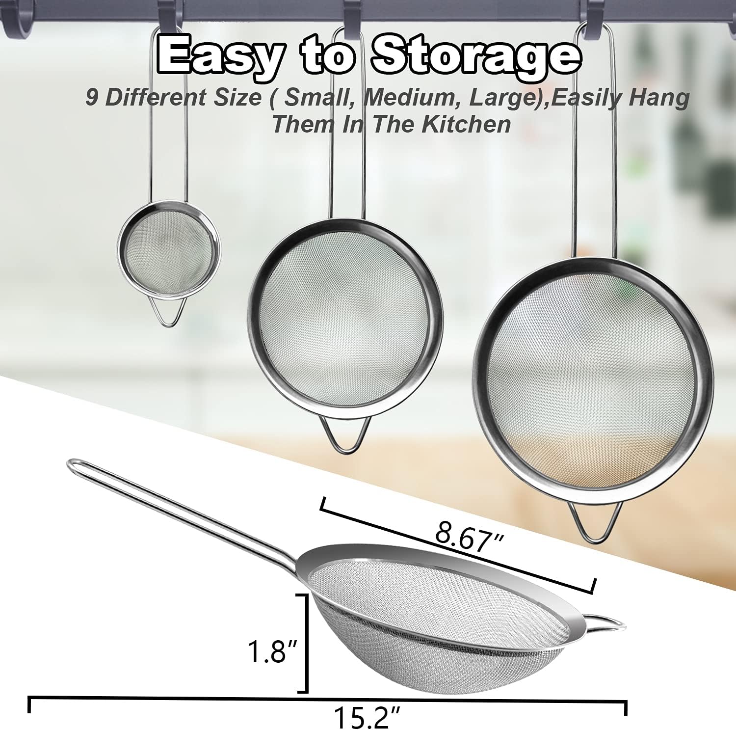 Anaeat Fine Mesh Strainers - Premium Stainless Steel Colander Sieve Sifters, with Durable Mesh and Sturdy Handle, Excellent for Sifting Dry ingredients, Flour, Pastas, Rice, Tea (8.67"）