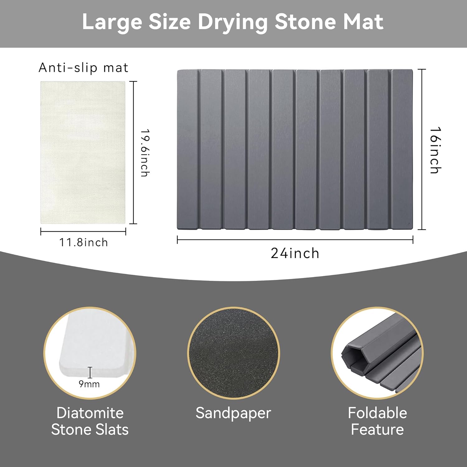 Large Stone Dish Drying Mat for Kitchen Counter, 24" x 16" Drying Board Diatomaceous, Dish Drying Tray for Kitchen, Utensils, Vegetable, Fruits, Bathroom Absorbent Pad, Fast Dry Stone Mat, Dark Gray