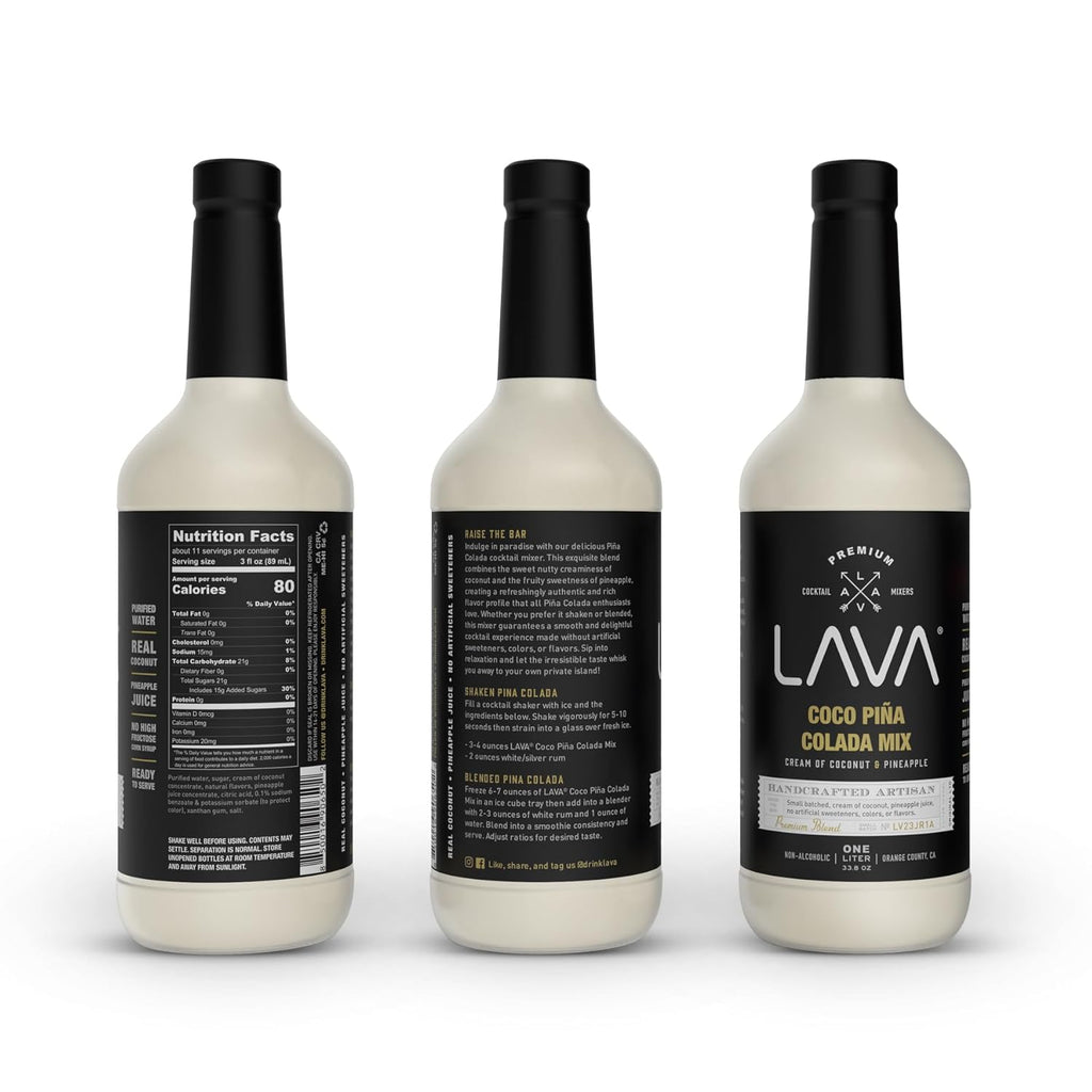 (3 Pack) LAVA Premium Coco Pina Colada Made with Cream of Coconut and Real Pineapple, No Artificial Sweeteners or Flavors, 1-Liter (33.8oz) Glass Bottle.