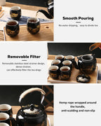 Dujust Japanese Tea Set, Black Porcelain Tea Set with 1 Teapot Set, 6 Tea Cups, 1 Tea Tray, 1 Stainless Infuser, Beautiful Asian Tea Sets for Adults, Tea Lover/Women/Men (Countryside in Golden)