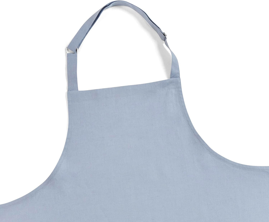 Solino Home 100% Pure Linen Apron for Women & Men - Dusty Blue Stripe Full Midi Bib Apron, Adjustable Neck Strap with Center Pockets for Kitchen, Chef - Handcrafted from European Flax