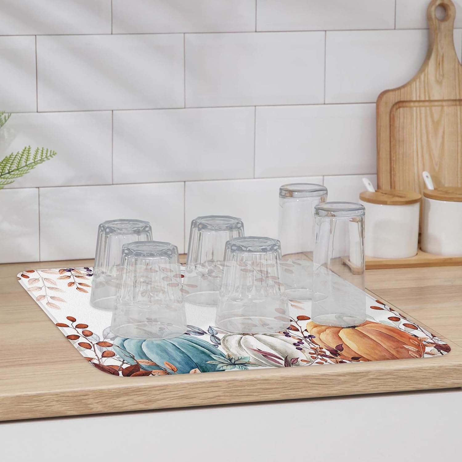 Fall Dish Drying Mat for Kitchen Counter Pumpkin Drying Pad Absorbent Drying Mats for Countertops Sinks Draining Racks Autumn Eucalyptus Leaves Drainer Holiday Harvest Thanksgiving Decorations 16x18