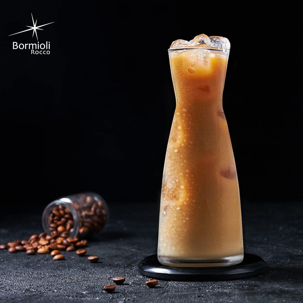 Bormioli Rocco Ypsilon Carafe Set with Cork Lids, Set of 2-36.25 oz Stylish Drink Set for Water, Milk, Juice, or Wine - Dishwasher Safe Modern Glassware for Dining & Entertaining