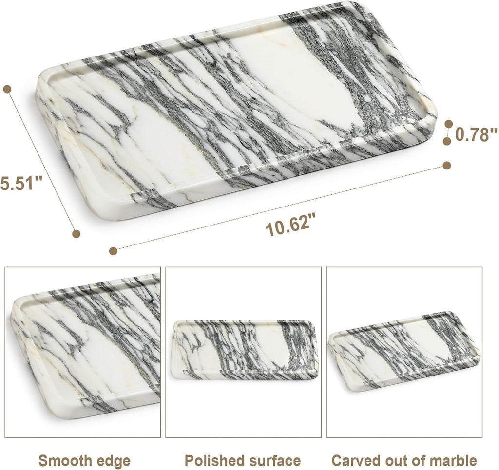 Natural Marble Vanity Tray - Moujings Genuine Marble Perfume Tray for Bathroom Decor, Stone Bathroom Vanity Organizer Tray for Kitchen Counter, Candles, Jewelry, Coffee, Makeup, Key
