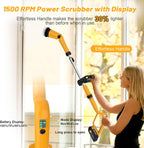 Qimedo 1500 RPM Electric Spin Scrubber with Two Batteries Q2 Pro, Cordless Battery Powered Shower Scrubber,Electric Tile Floor Scrubber with Display for Grout/Tile/Tub (Effortless Handle/8 Brushes)