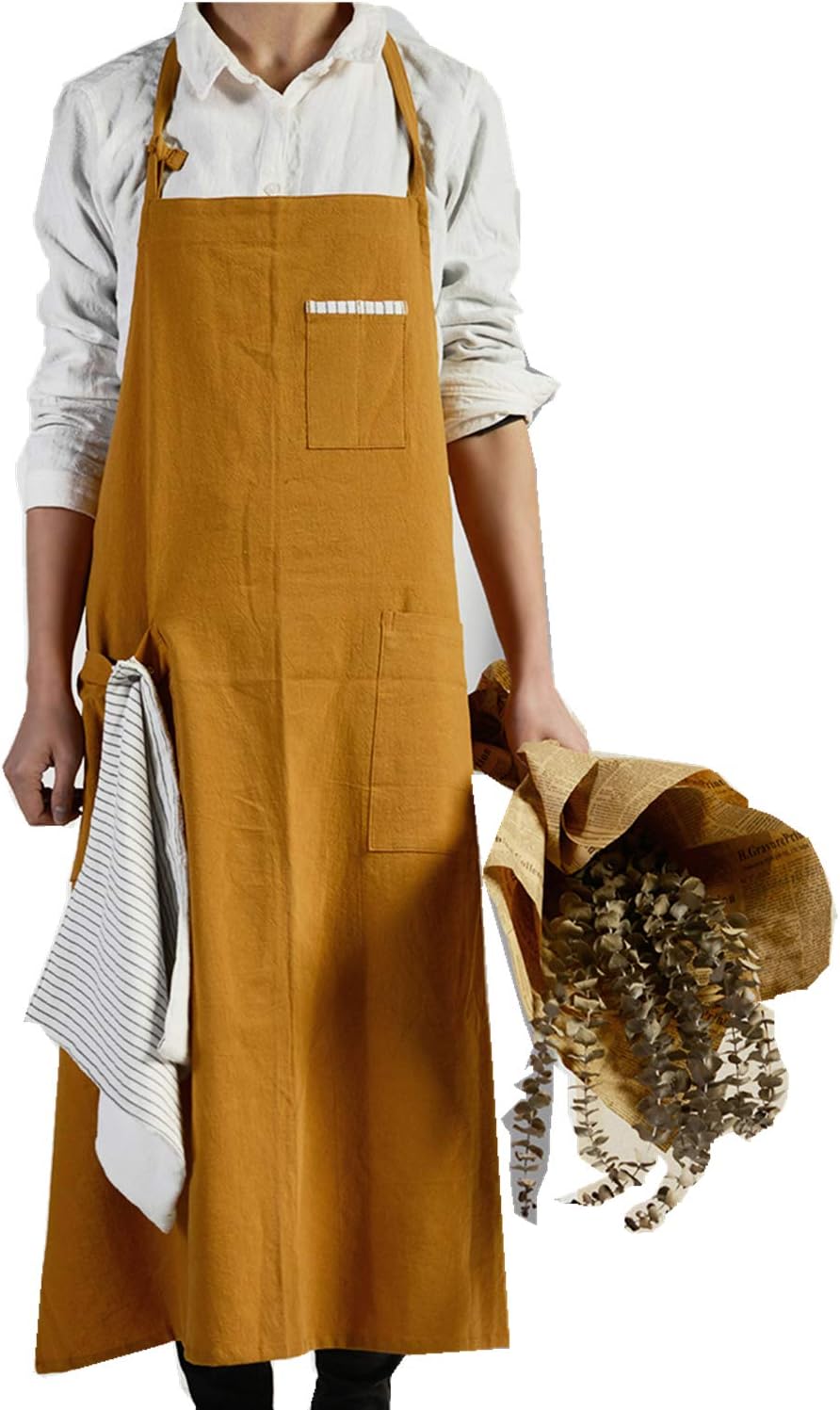 Adjustable Japan Nordic Style Soft Cotton Linen Apron with Four Pockets A Towel