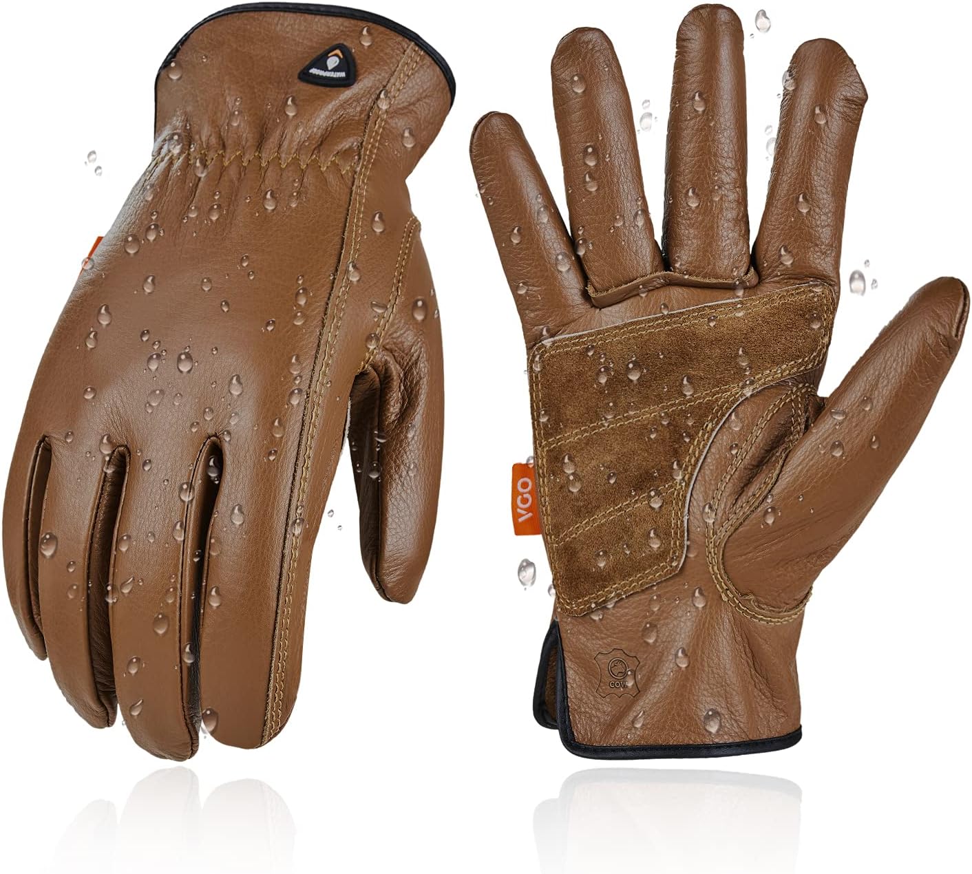 Vgo... 1-Pair Unlined Safety Cow Grain Leather Work Gloves Men, Rigger Gloves, Builder Gloves, Water Resistant, Palm Patched (Size S, Brown, CA9597WP)