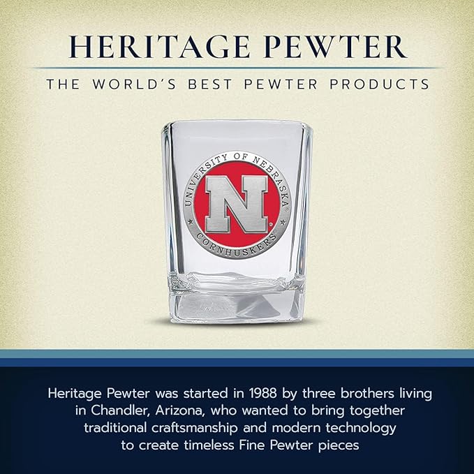 Heritage Pewter Nebraska Square Shot Glass | Hand-Sculpted 1.5 Ounce Shot Glass | Intricately Crafted Metal Pewter Alma Mater Inlay
