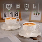 KAMMAK Tea Cups and Saucers Set of 2, Porcelain Coffee Cups, 7.8-Ounce Stackable Espresso Mugs, Ceramic Demitasse for Coffee, Latte, Americano, Tea, Britney