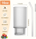 16OZ Ribbed Glass Cups with Lids and Straws,Iced Coffee Cups with Bamboo Lid,Vintage Glassware for Whiskey Cocktail Beer Fruit Juice Glasses Tumbler(6 Pack)