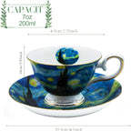 Floral Tea Cups Saucers Set of 2, Bone China 7 oz British Teacups Porcelain Van Gogh Coffee Cup for Rose Tea Cappuccino Espresso Latte (Starry Sky & Starry Sky)