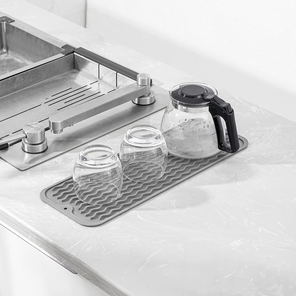 Silicone Dish Drying Mat for Multiple Usage,Easy clean,Eco-friendly,Heat-resistant Silicone Mat for Kitchen Counter,Sink,Bar,Bottle,or Cup Grey M 17 inches x 6 inches