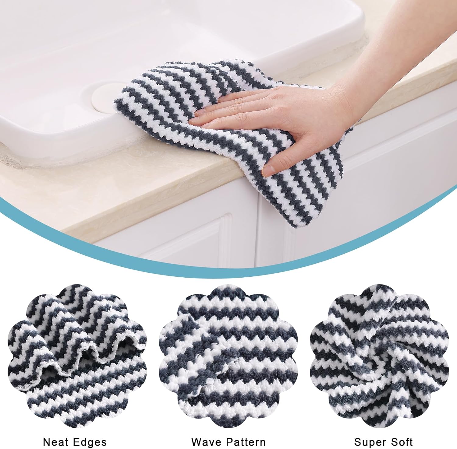 Homaxy Kitchen Towels(24 Pack, 10 x 20 inches), Ultra Soft and Absorbent Dish Towels, Reusable Fast Drying Microfiber Cleaning Cloth, Coral Velvet Wave Design No-lint, Dark Grey