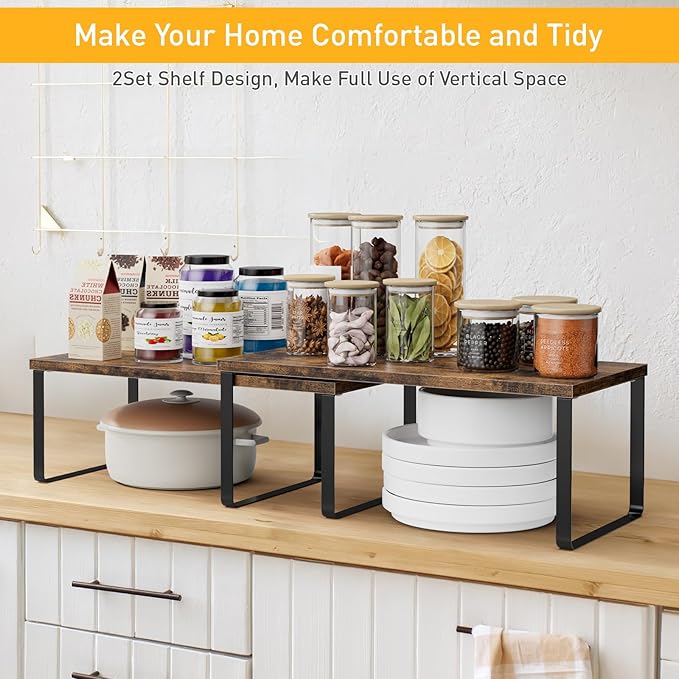 Cabinet Shelf Organizers, 15.7 inches Large Kitchen Counter Shelf, Set of 2 Wood Kitchen Pantry Organizer, Storage Shelves for Countertop, Spice Rack, Stackable, Expandable, Metal Black, Brown