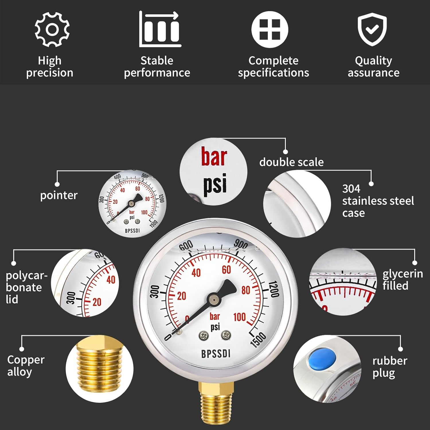 0-1500 Psi Glycerin Liquid Filled Hydraulic Pressure Gauge, 2.5" Dial Size, 1/4" NPT Lower Mount, 304 Stainless Steel Case, for Water Oil Air Gas Pressure Test