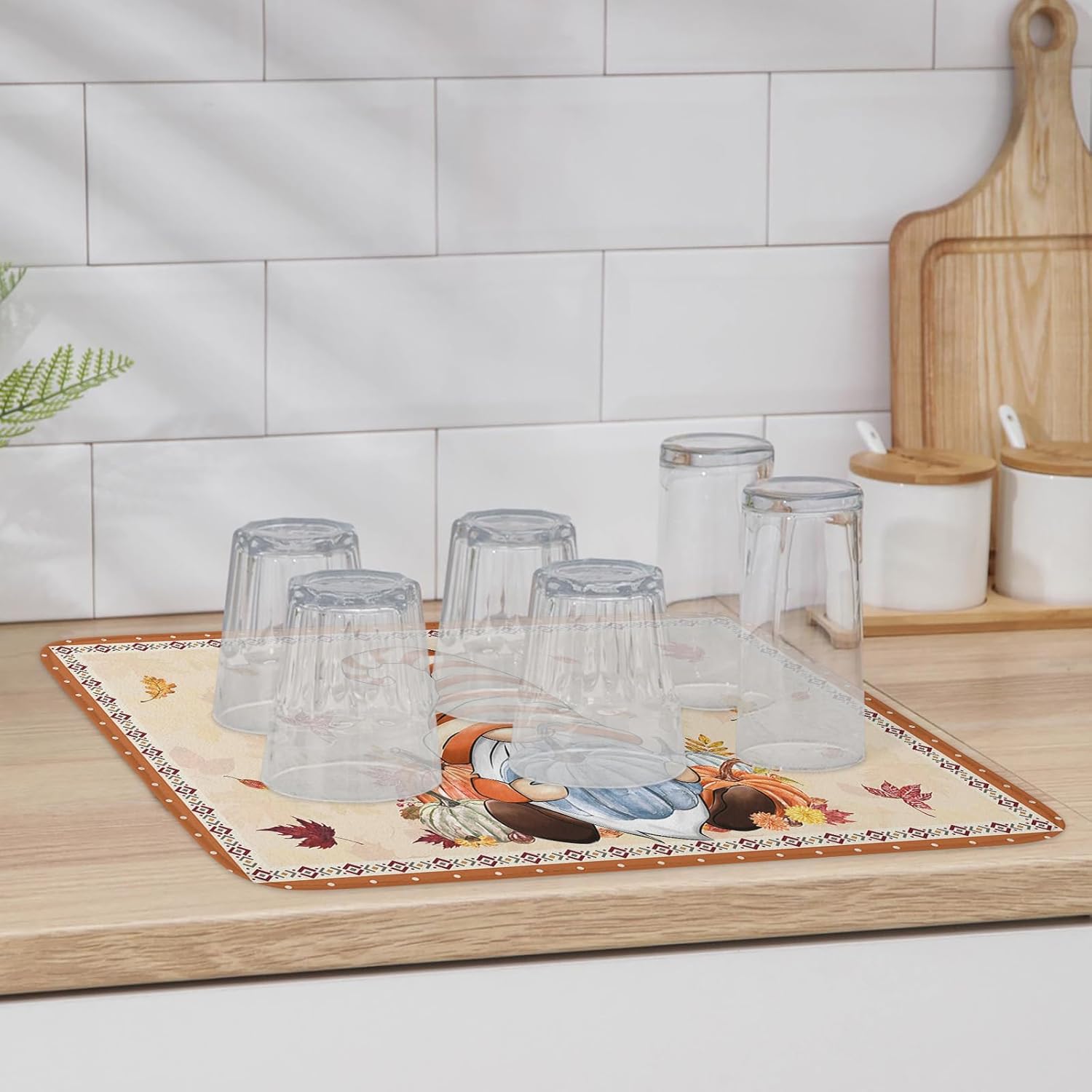 Fall Dish Drying Mat for Kitchen Counter Pumpkin Gnome Drying Pad Absorbent Drying Mats for Countertops Sinks Draining Racks Autumn Maple Leaves Drainer Holiday Harvest Thanksgiving Decorations 16x18