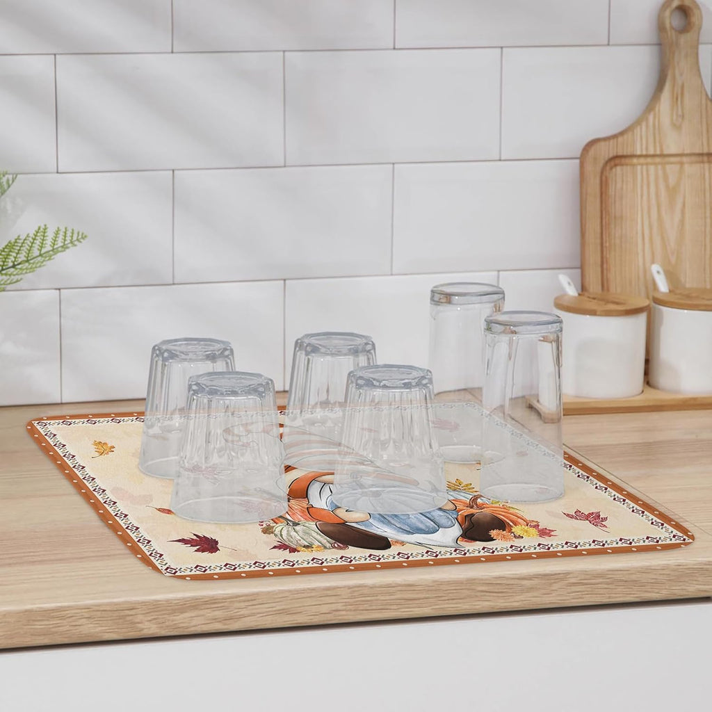 Fall Dish Drying Mat for Kitchen Counter Pumpkin Gnome Drying Pad Absorbent Drying Mats for Countertops Sinks Draining Racks Autumn Maple Leaves Drainer Holiday Harvest Thanksgiving Decorations 18x24