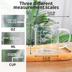 77L Glass Measuring Cup, Clear Liquid Measuring Cup with V-Shaped Spout and Three Scales, High Borosilicate Glass Beaker with Handle for Kitchen or Restaurant, 300 ML (0.3 Liter, 1 1/4 Cup)