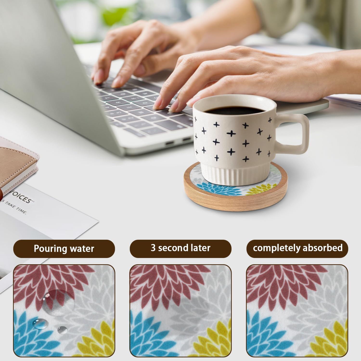 Wood Coasters Set of 6 with Holder, Cewiru Cup Mat for Drinks, Absorbent Coasters with Felt Insert for Coffee Table Protection, Modern Style Home Dining Table Decor, 4.3" Colorful