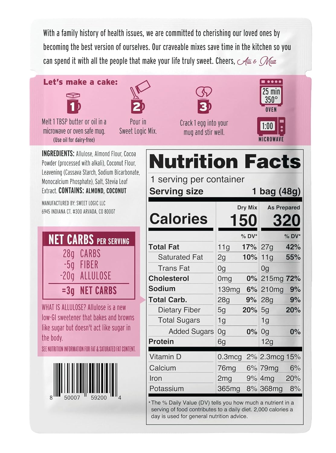 Sweet Logic Keto Dessert Mug Cake Mixes - Triple Chocolate Fudge - Low Sugar - Gluten-Free - Low Carb - Diabetic-Friendly Sweets - Natural Ingredients - High Protein - Delicious Keto Treats (4 Pack)