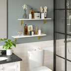 DINZI LVJ Long Wall Shelves, Set of 4, 31.5Inch Wall Mounted Shelves, Floating Shelves for Wall Storage with Metal Brackets, for Living Room, Bathroom, Bedroom, Kitchen, White and Gold