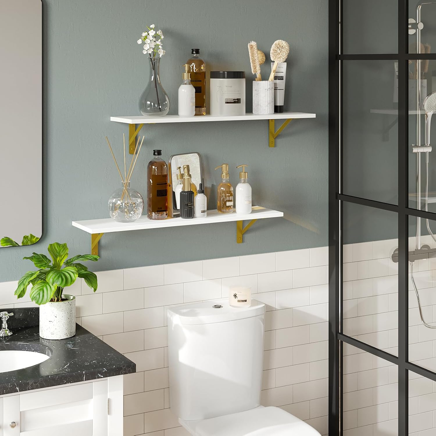 DINZI LVJ Long Wall Shelves, Set of 4, 31.5Inch Wall Mounted Shelves, Floating Shelves for Wall Storage with Metal Brackets, for Living Room, Bathroom, Bedroom, Kitchen, White and Gold