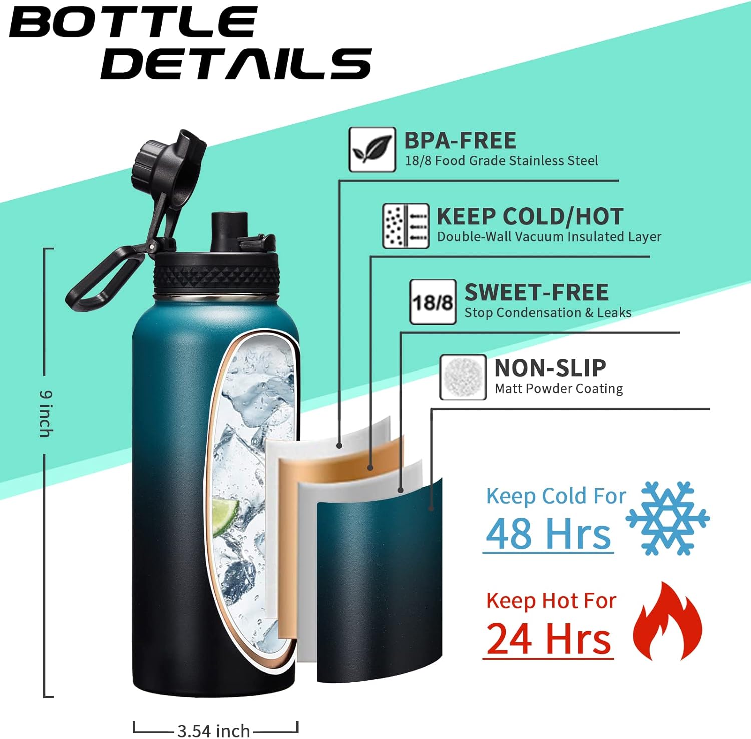 32/40/64/128 oz Insulated Water Bottle with straw & Spout Lids Keep Cold 48H Hot 24H, Large Water Flask Bottle with Shoulder Carrier Bag, Paracord Handle & Boot for Gym, Workout & Beach
