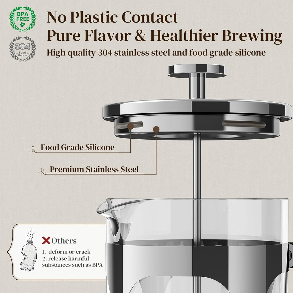 Veken French Press Coffee Maker 34oz 1 L, No Plastic Touching Cafe, Heat Resistant Thickened Borosilicate Glass, Stainless Steel Brewer, Cold Brew Cafetera Teapot for Kitchen Travel Camping, Silver