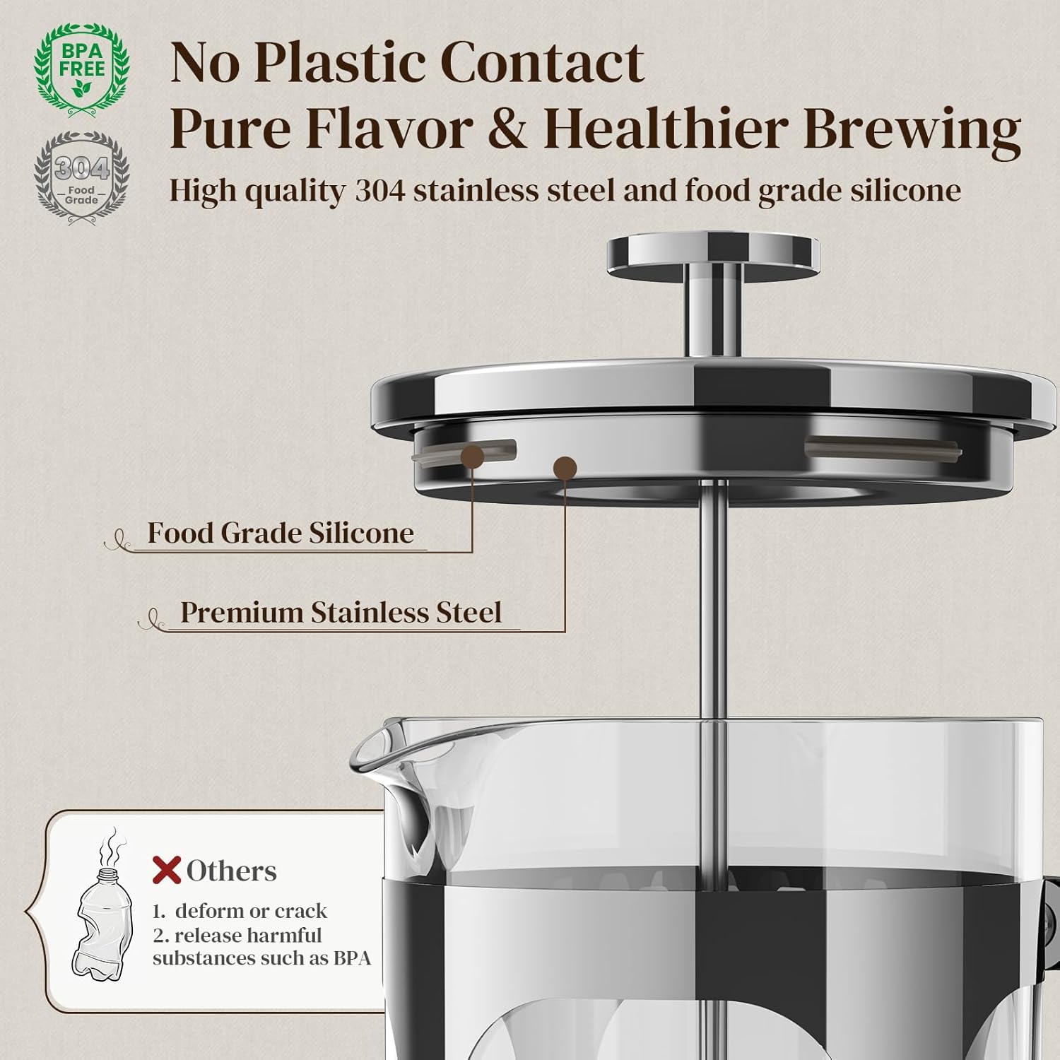 Veken French Press Coffee Maker 34oz 1 L, No Plastic Touching Cafe, Heat Resistant Thickened Borosilicate Glass, Stainless Steel Brewer, Cold Brew Cafetera Teapot for Kitchen Travel Camping, Silver