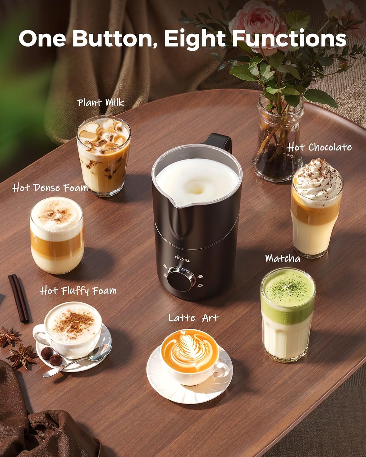 Milk Frother and Steamer, 8-in-1 Rechargeable Electric Milk Frother for Coffee, 13.5oz/400mL Large Capacity Automatic Warm and Cold Foam Maker, Hot Chocolate Maker Coffee Frother, Black