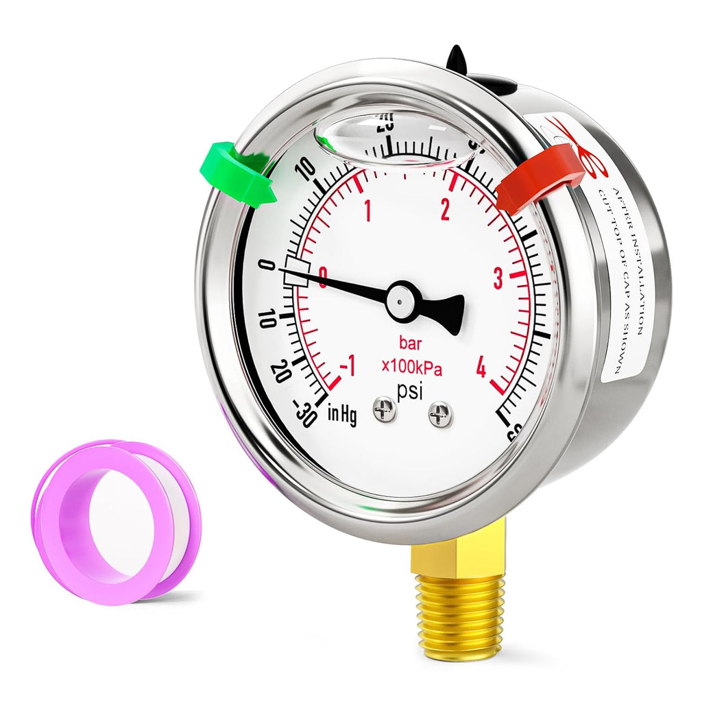 -30inHG-60psi Stainless Steel Glycerin Liquid Filled Vacuum Pressure Gauge 1/4" NPT 2.5" Face Dial Center Lower Mount, for Water, Oil and Air Pressure Testing (with Range Mark Pointer)