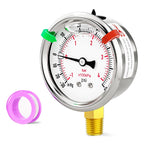 -30inHG-60psi Stainless Steel Glycerin Liquid Filled Vacuum Pressure Gauge 1/4" NPT 2.5" Face Dial Center Lower Mount, for Water, Oil and Air Pressure Testing (with Range Mark Pointer)