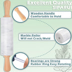 Marble Rolling Pin with Wooden Cradle Thick Handle Set for Baking,18.5 inch Premium Quality Polished Roller for Pizza Dough,Fondant,Pie Crust,Non-Stick Surface Easy to Clean(White)